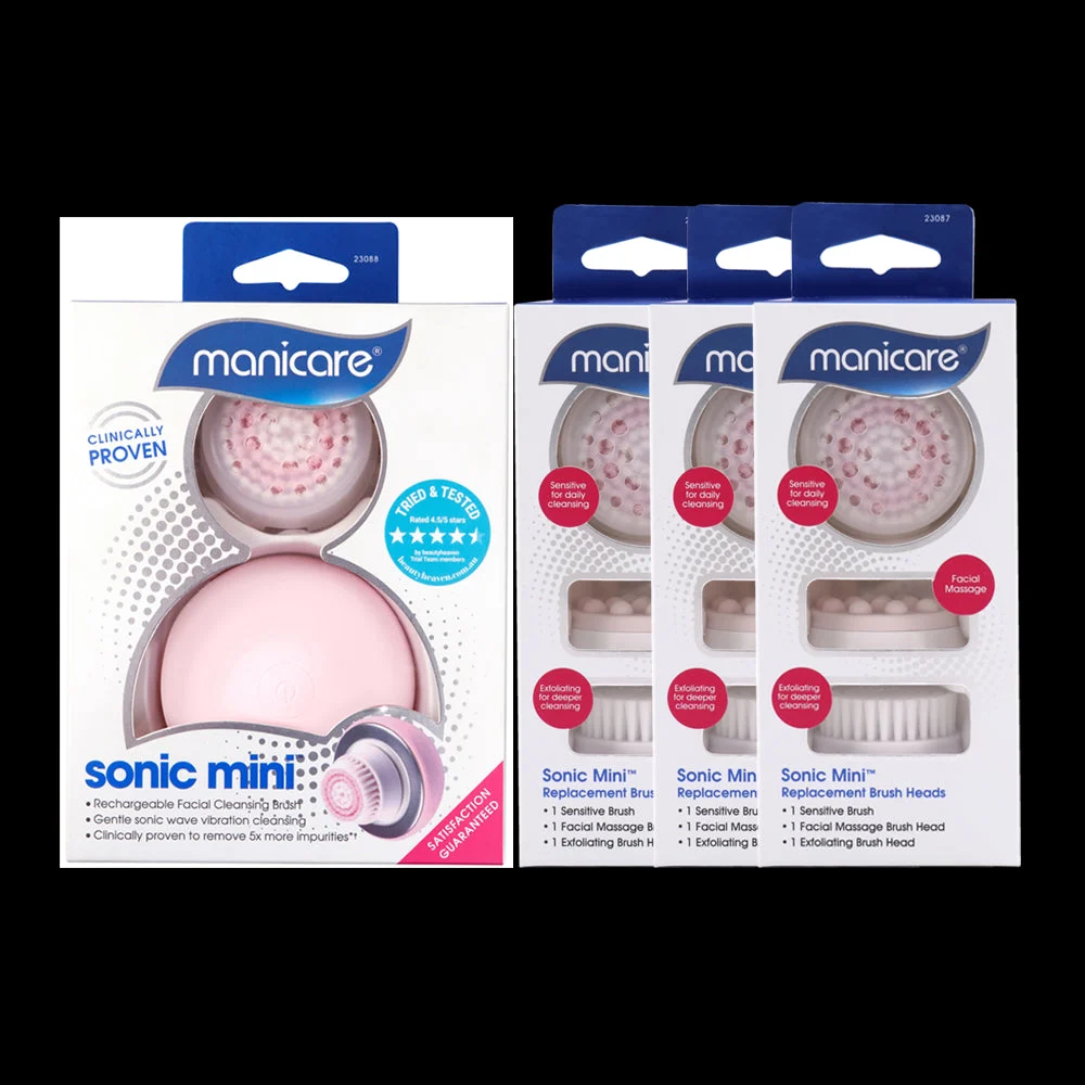 Manicare Sonic Mini Facial Cleanser & Replacement Brush Heads 3pk bundle